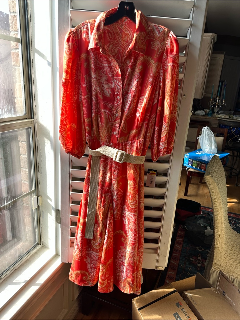 Red Paisley Midi Dress with Belt
